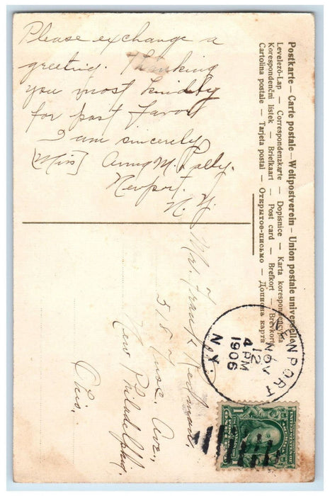 1906 Greetings from Newport New York NY Purple Flower Glitter Postcard