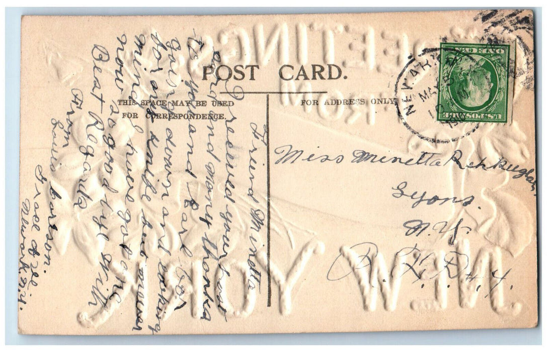 1910 Greetings from Newark New York NY Flower Embossed Antique Postcard