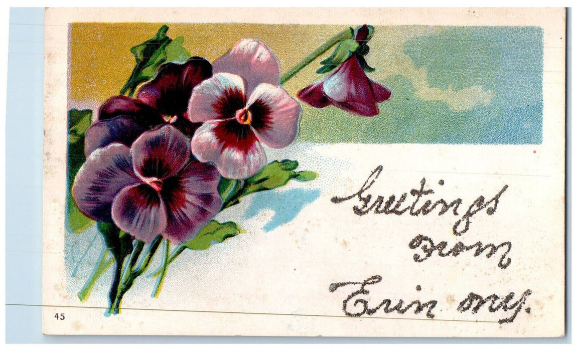 1909 Greetings from Erin New York NY Purple Flower Glitter Posted Postcard