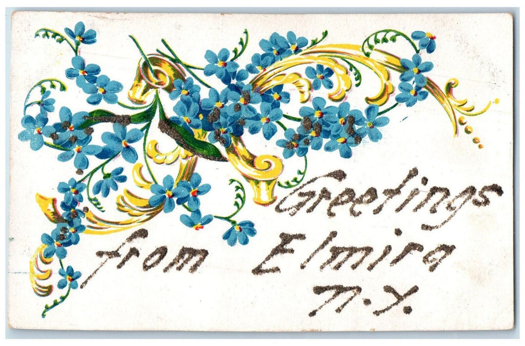 c1905 Greetings from Elmira New York NY Blue Flower Glitters Antique Postcard