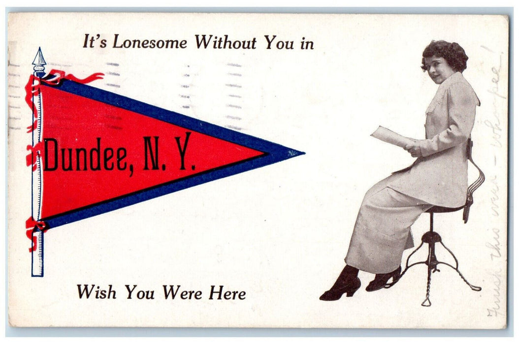 1912 Woman Sitting Message Pennant Dundee New York NY Antique Postcard