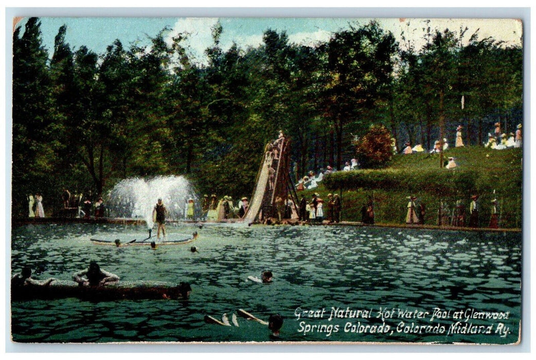 1909 Great Natural Hot Water Pool Glenwood Springs Colorado Midland RY Postcard