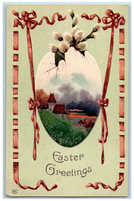 c1910's Easter Greetings Hatched Egg Flowers Houses Embossed Antique Postcard