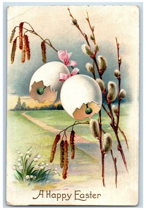 1909 Easter Hatched Eggs And Cattails Flowers Clapsaddle Embossed Postcard