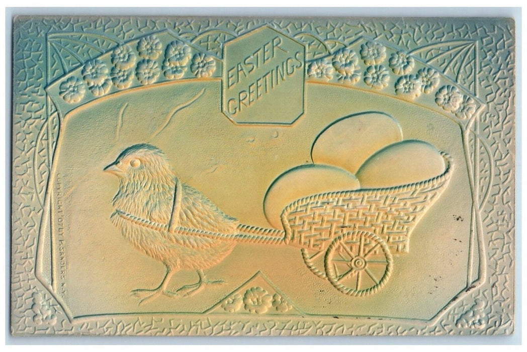 c1910's Easter Greetings Chick Pulling Cart Eggs Airbrushed Embossed Postcard