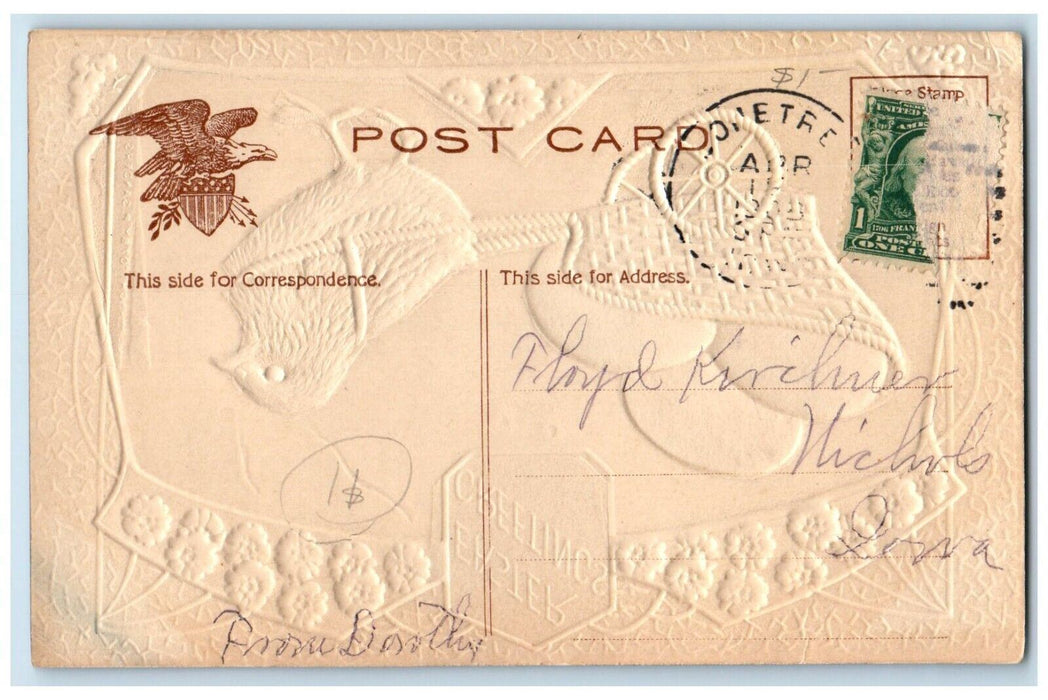 c1910's Easter Greetings Chick Pulling Cart Eggs Airbrushed Embossed Postcard