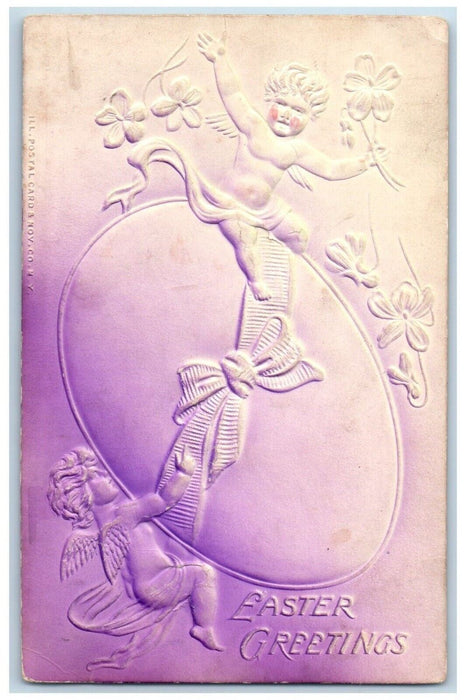 Easter Greetings Angel Giant Egg Ribbon Clover Airbrushed Embossed Postcard