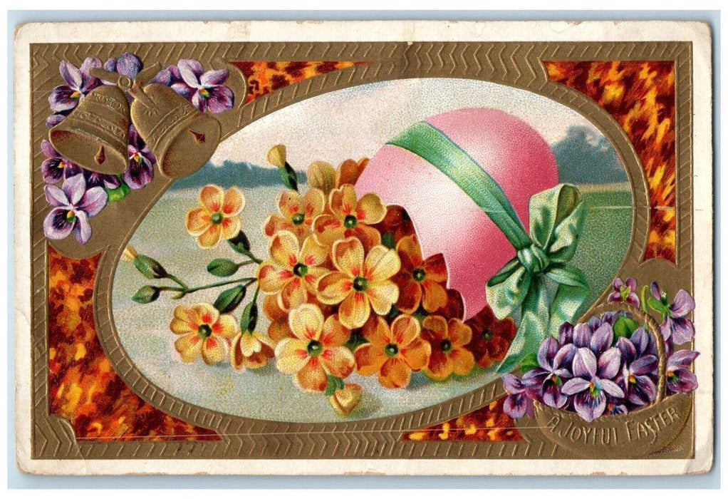 c1910's Easter Hatched Egg Pansies Flowers Basket Bells Embossed Posted Postcard