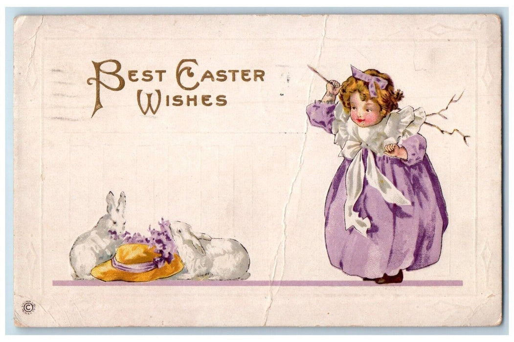 1920 Easter Wishes Little Girl Beaten Bunny Rabbit Hat Flowers Embossed Postcard