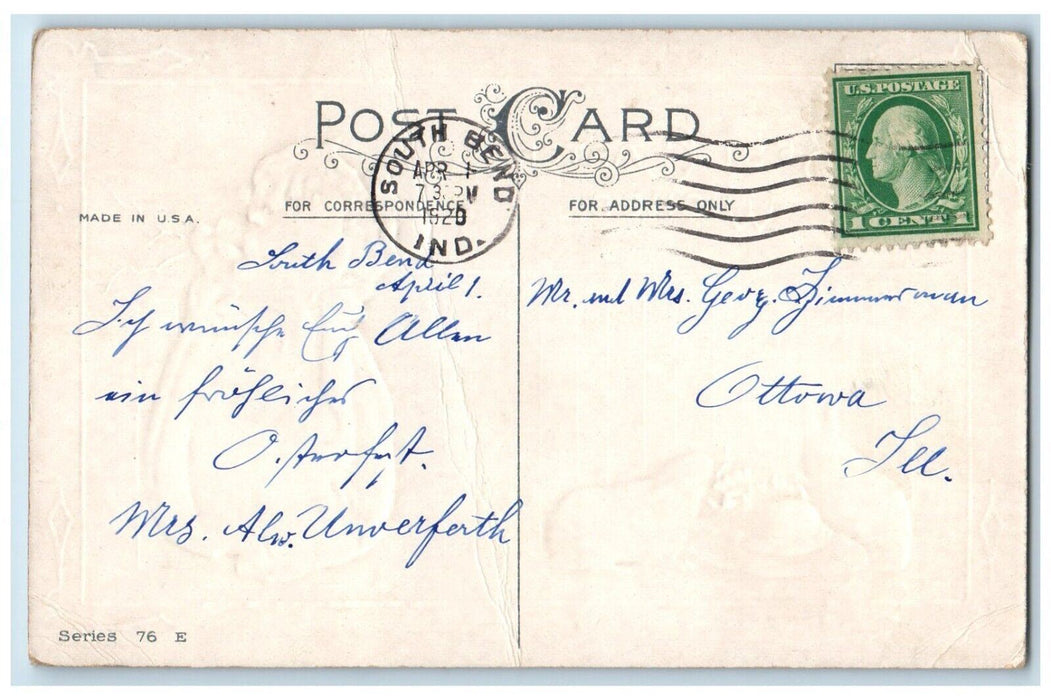 1920 Easter Wishes Little Girl Beaten Bunny Rabbit Hat Flowers Embossed Postcard