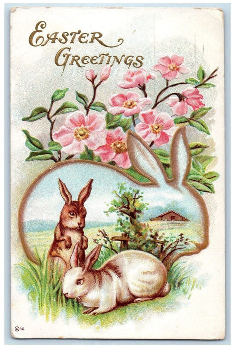 1912 Easter Greetings Bunny Rabbit Flowers Embossed Posted Antique Postcard