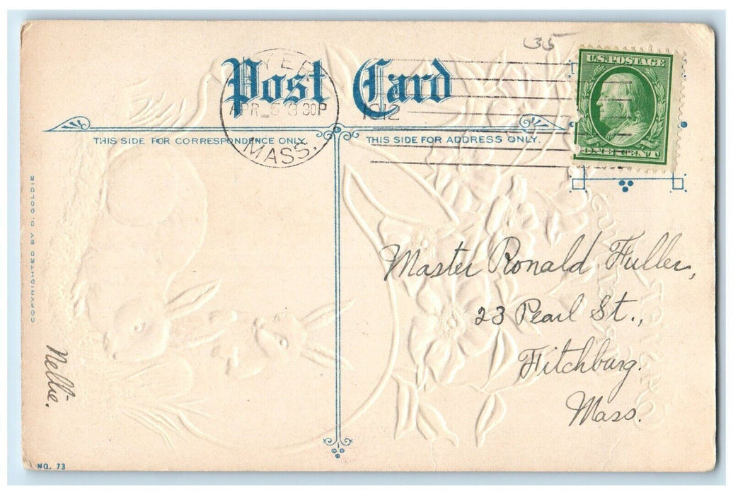 1912 Easter Greetings Bunny Rabbit Flowers Embossed Posted Antique Postcard