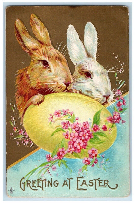 1912 Easter Greetings Bunny Rabbit Egg Flowers Embossed Ramsey IL Postcard