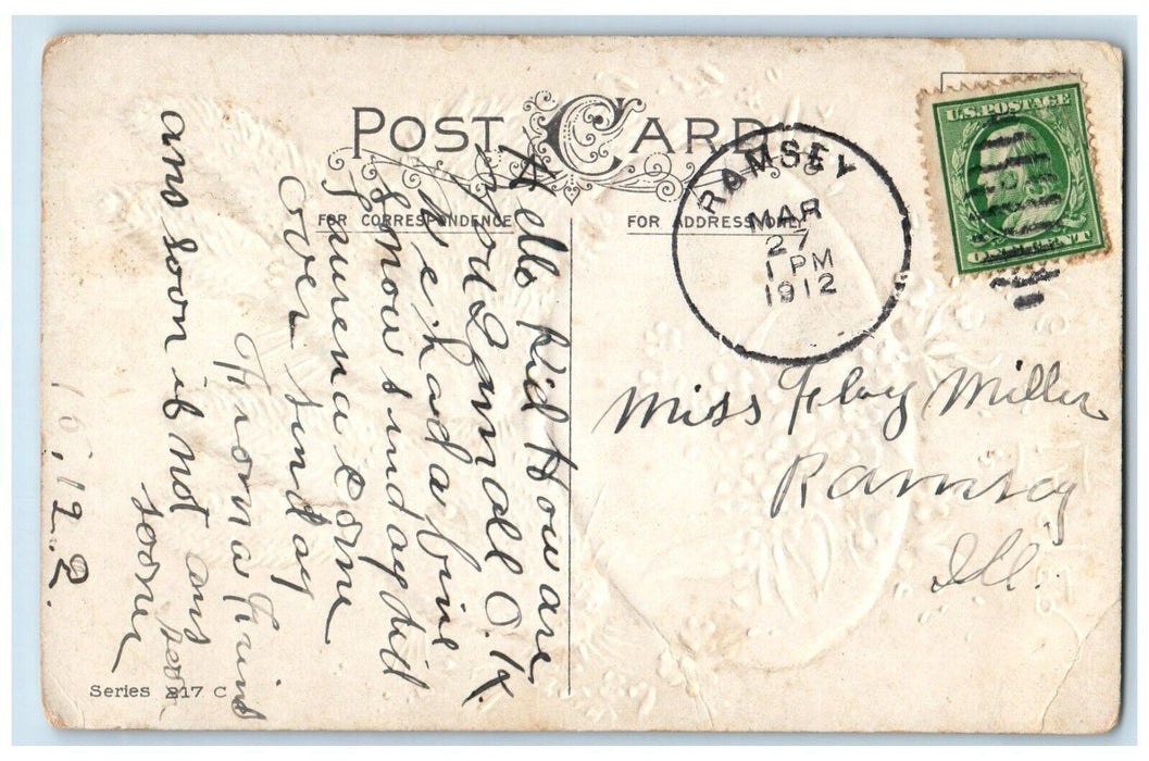 1912 Easter Greetings Bunny Rabbit Egg Flowers Embossed Ramsey IL Postcard