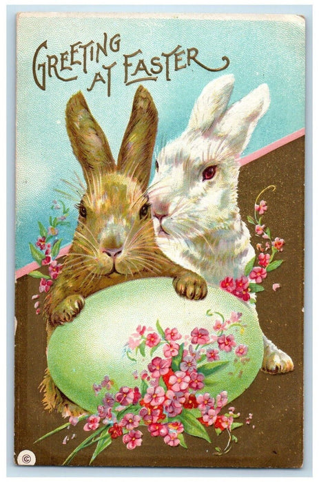 c1910's Easter Greetings Egg Flowers Bunny Rabbit Embossed Antique Postcard