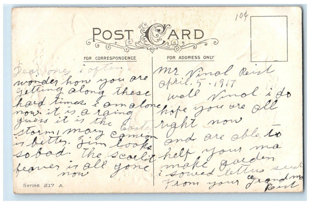 c1910's Easter Greetings Egg Flowers Bunny Rabbit Embossed Antique Postcard