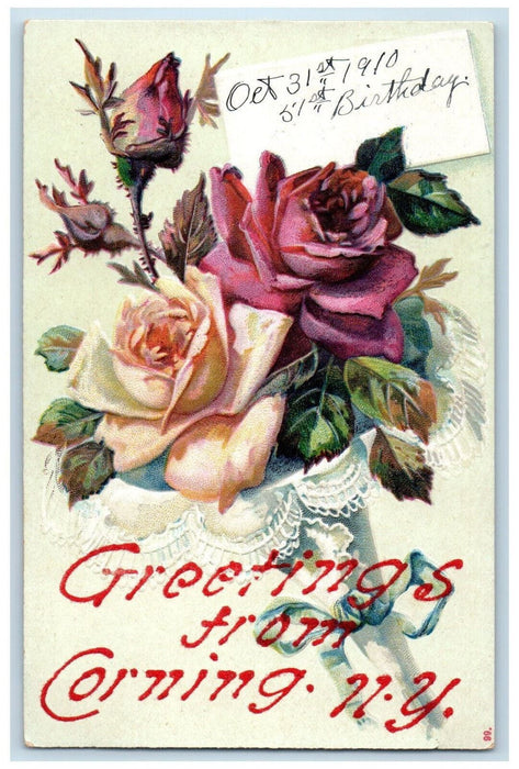 1910 Greetings from Corning New York NY Floral Embossed Unposted Postcard