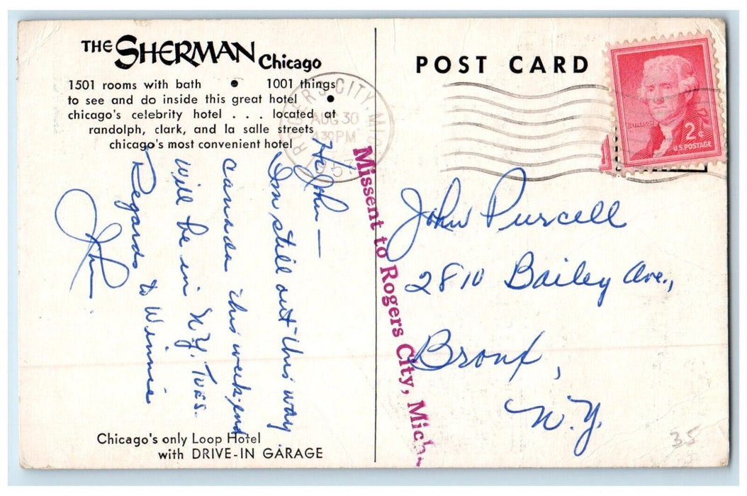 1957 The Sherman Hotel Building Chicago Illinois IL, Roger City MI Postcard