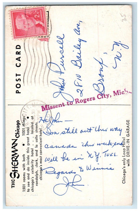 1957 The Sherman Hotel Building Chicago Illinois IL, Roger City MI Postcard