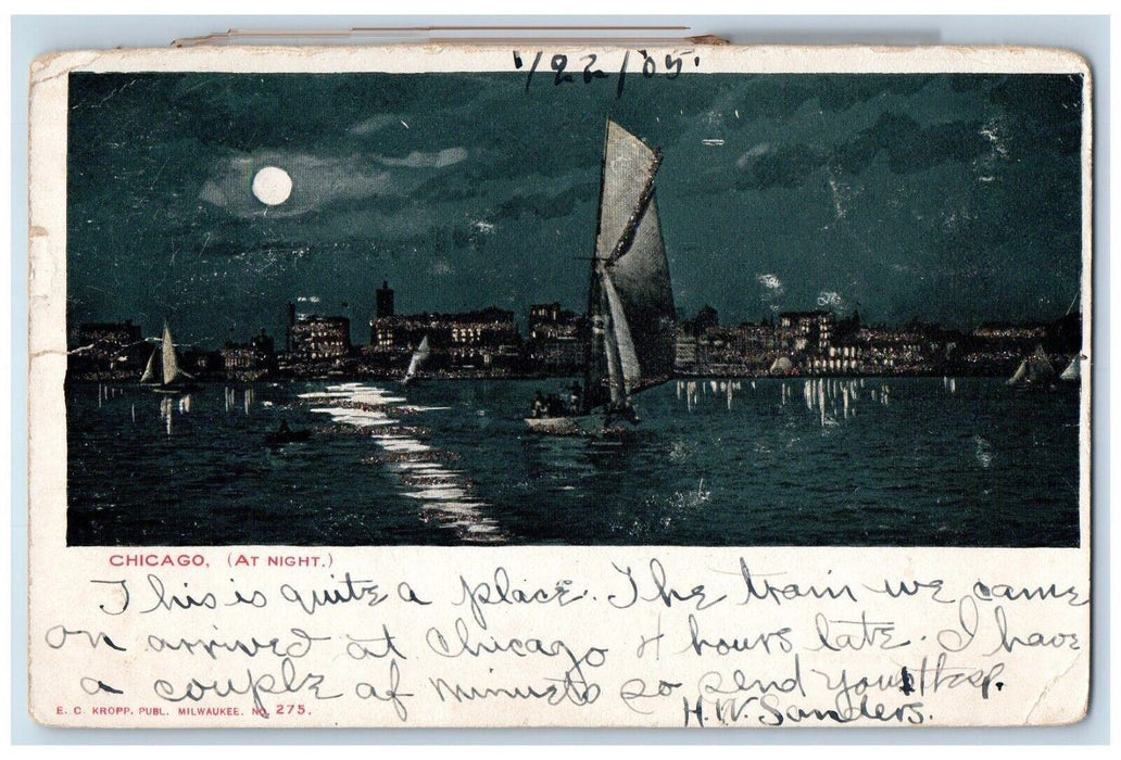 1905 Chicago At Nigh Moonlight Boat Building View Illinois IL Antique Postcard