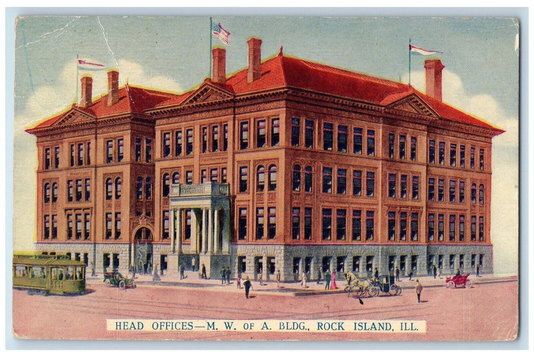 1913 Head Office M.W. BLDG Rock Island Illinois IL Antique Advertising Postcard