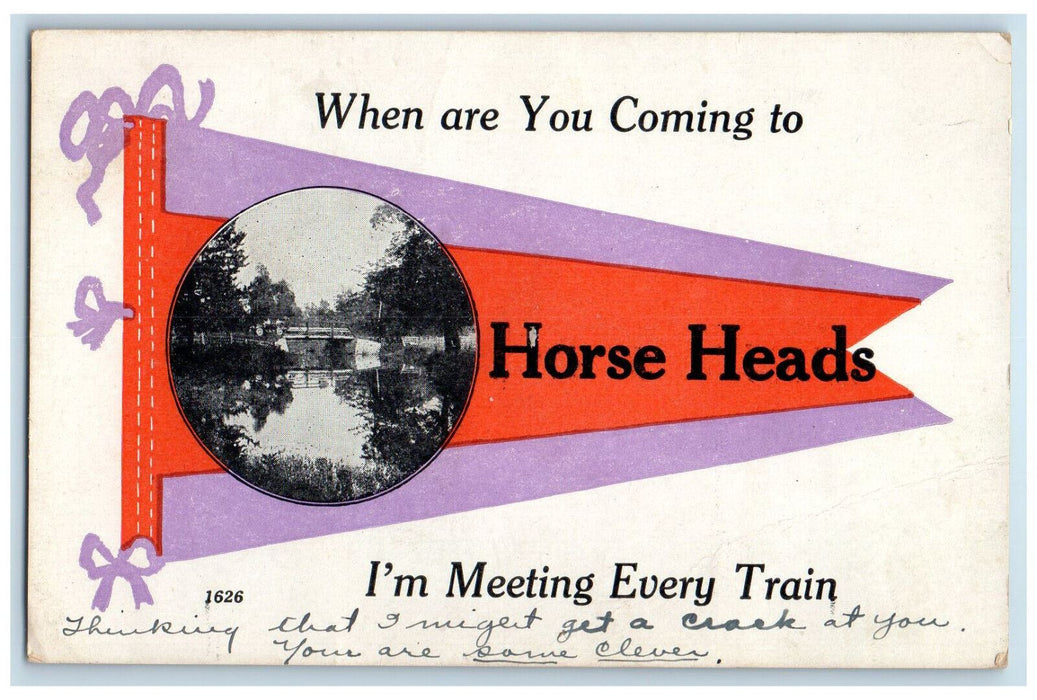 1915 Horse Heads Pennant with String New York NY Posted Antique Postcard