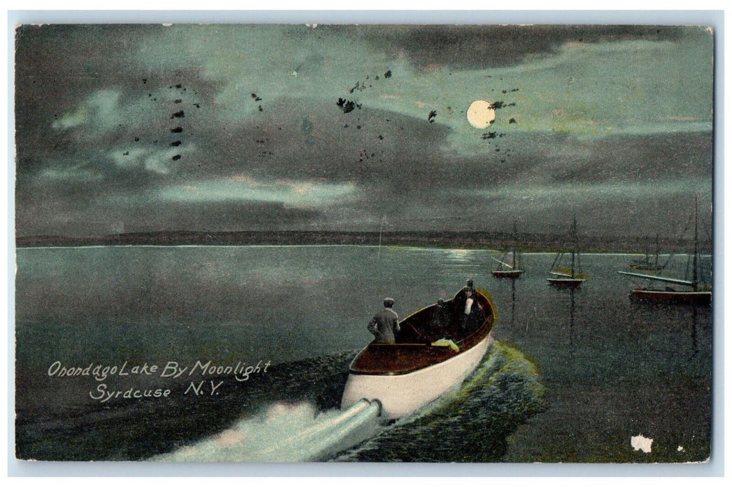 1914 Motorboat Moonlight at Onondaga Lake Syracuse New York NY Postcard