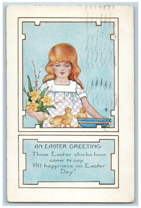 1924 Easter Greetings Girl Feed Chicken Flowers Holyoke MA Antique Postcard