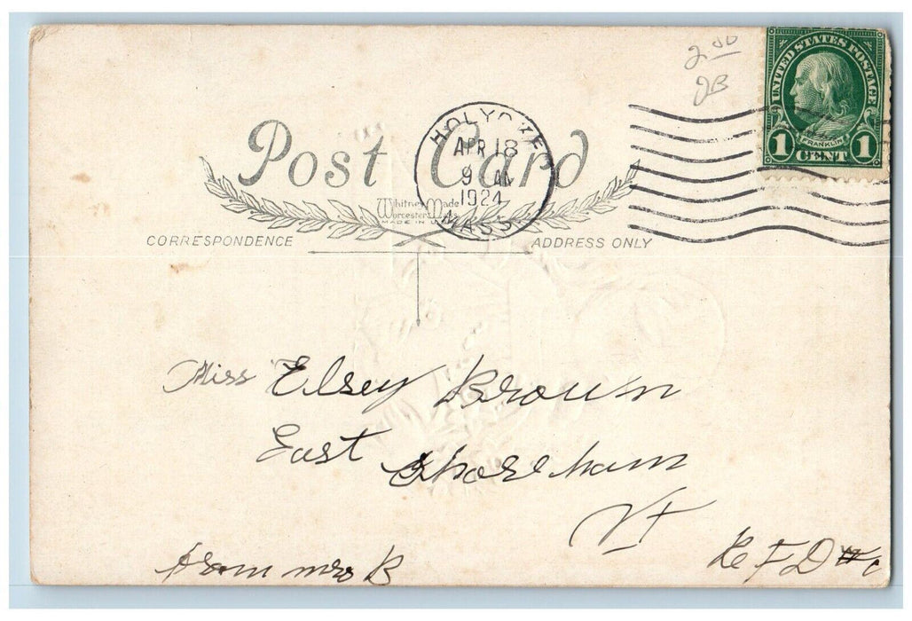 1924 Easter Greetings Girl Feed Chicken Flowers Holyoke MA Antique Postcard