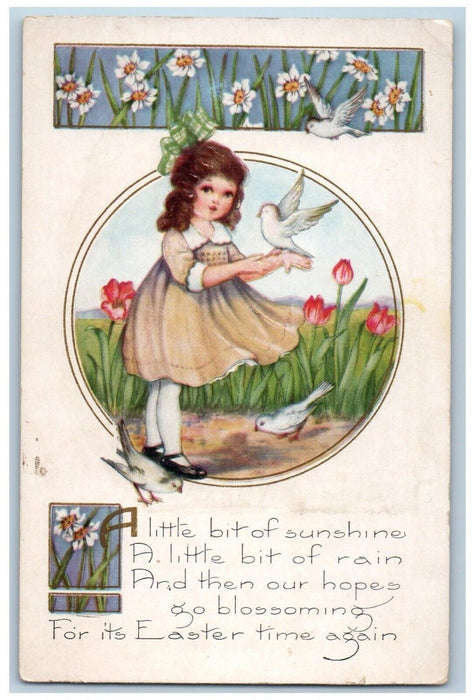 c1910's Easter Cute Little Girl Dove Flowers Embossed Posted Antique Postcard