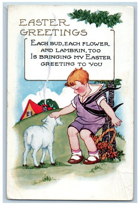 1938 Easter Greetings Boy Lamb Flowers Basket House Chimney Embossed Postcard