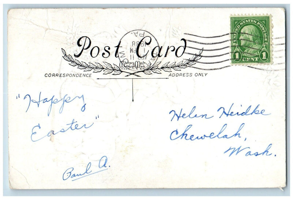 1938 Easter Greetings Boy Lamb Flowers Basket House Chimney Embossed Postcard