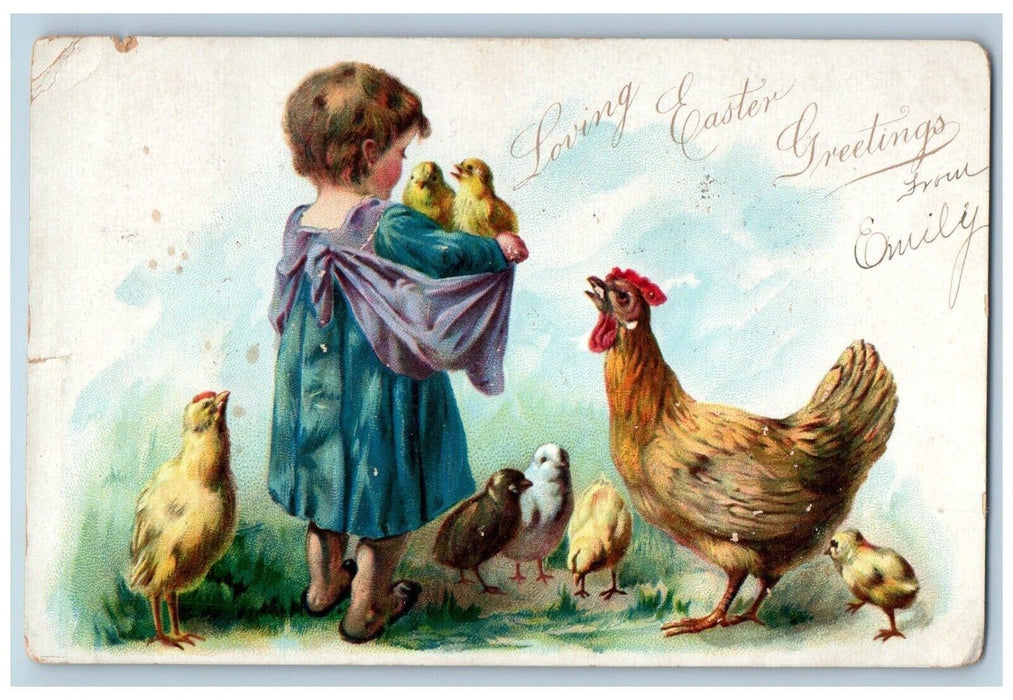 1907 Easter Greetings Little Girl Chicken Hen Chicks Embossed Tuck's Postcard