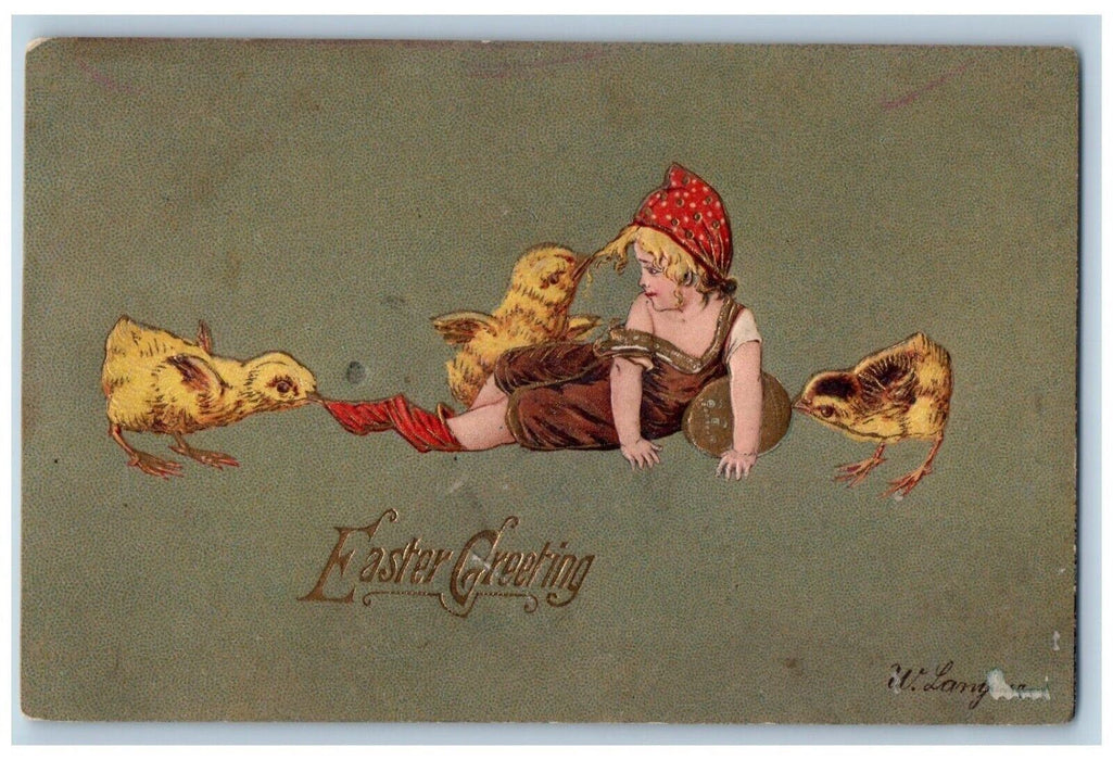 1910 Easter Greeting Little Girl Eggs Chicks Embossed Posted Antique Postcard