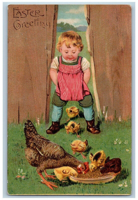 c1910's Easter Greeting Little Boy Chicken Hen Chicks Embossed Antique Postcard