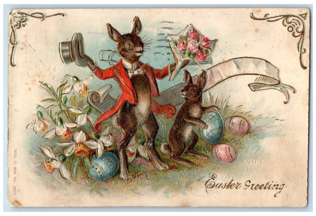 1905 Easter Greeting Anthropomorphic Rabbit Eggs Lilies Flowers Antique Postcard