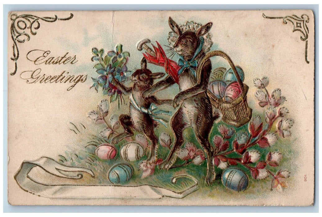 c1910's Easter Greeting Anthropomorphic Dancing Rabbit Eggs Flowers Postcard