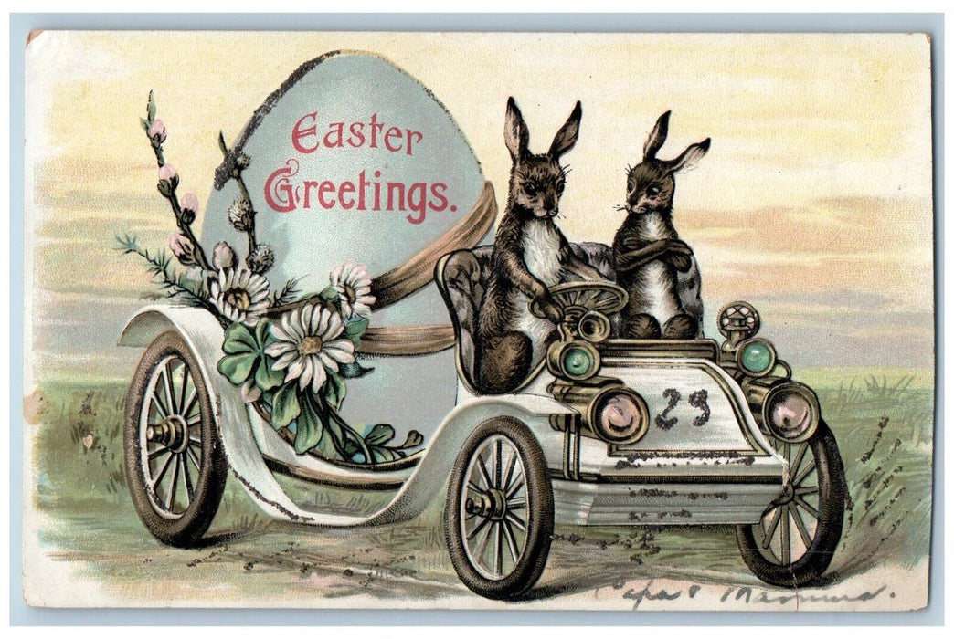 c1910's Easter Greeting Anthropomorphic Driving Rabbit Egg Flowers Postcard
