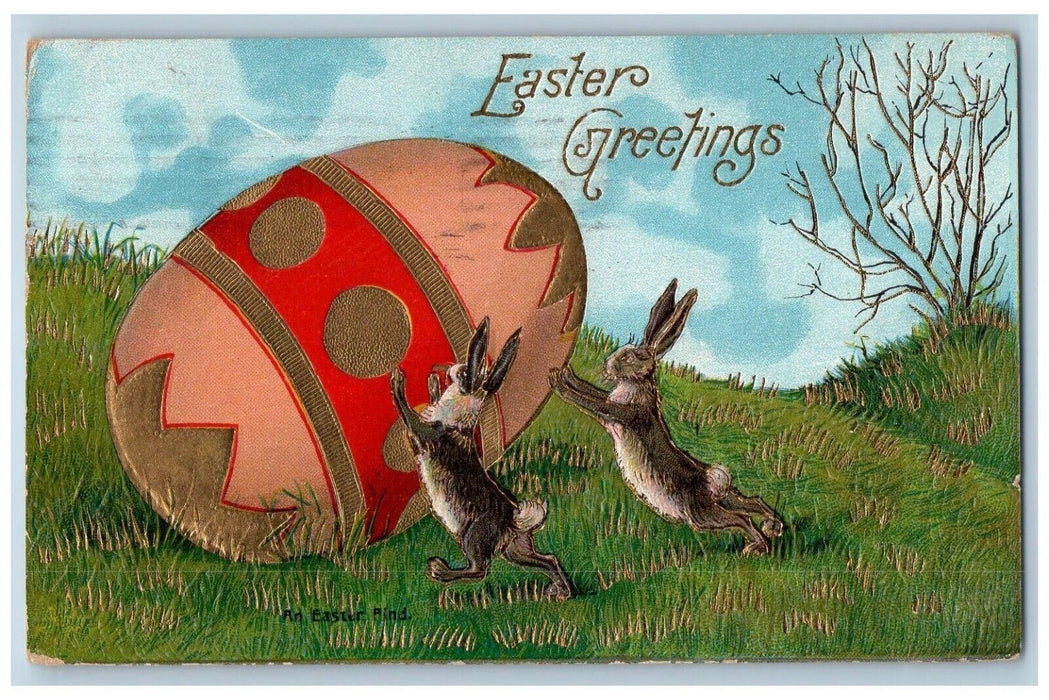 1909 Easter Greeting Rabbit Pushing Giant Egg Farm Embossed Antique Postcard