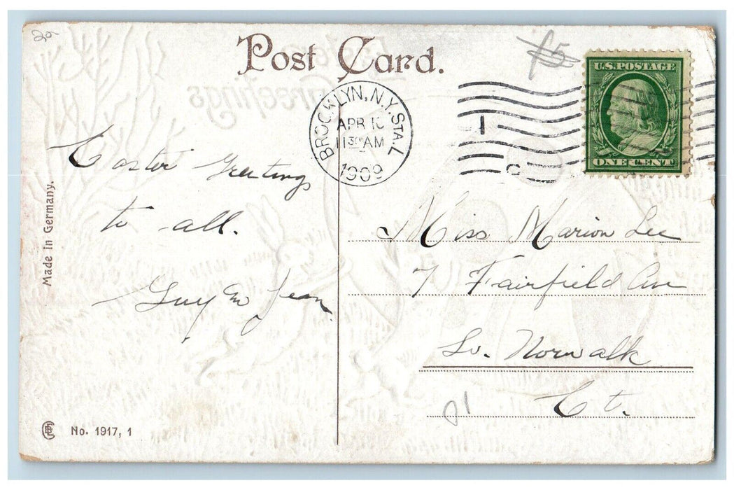 1909 Easter Greeting Rabbit Pushing Giant Egg Farm Embossed Antique Postcard