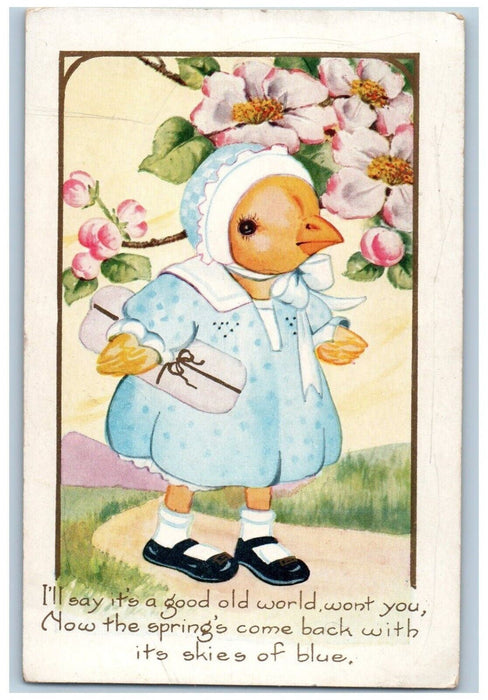 c1910's Easter Anthropomorphic Chicks Gift Flowers Embossed Antique Postcard