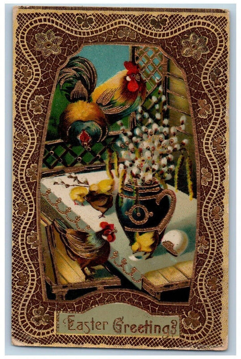 c1910's Easter Greetings Rooster Hatched Egg Chick Gel Gold Gilt Posted Postcard