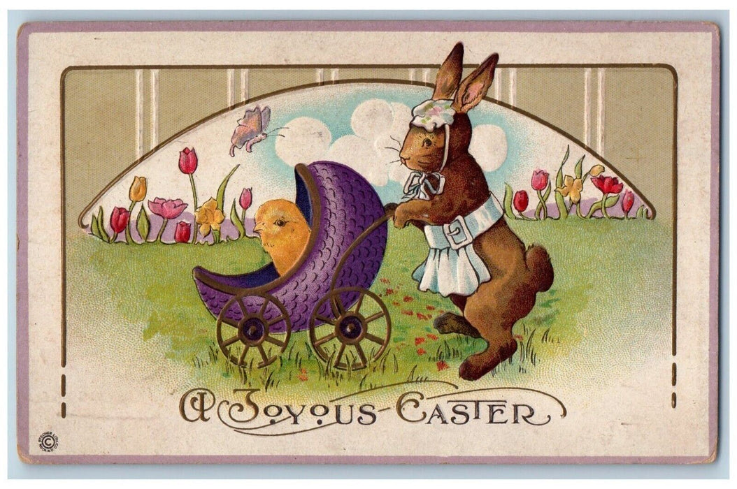 1917 Easter Anthropomorphic Rabbit Pushing Cart Chicks Gel Gold Gilt Postcard
