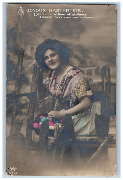 1914 Easter Girl Holding Eggs Basket Studio Portrait EAS RPPC Photo Postcard