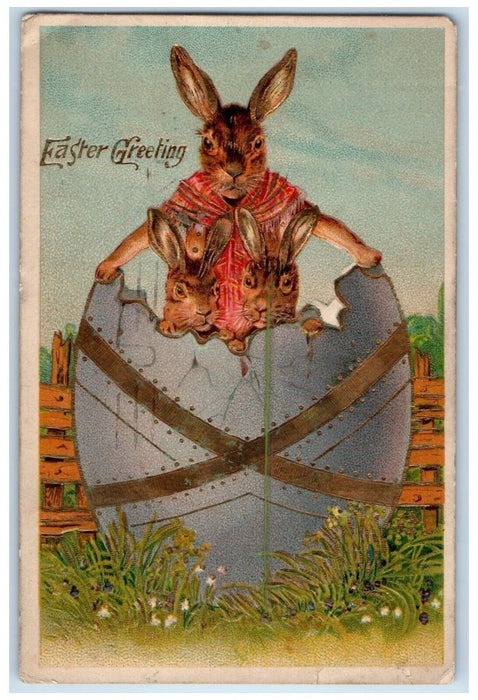 1910 Easter Greetings Anthropomorphic Rabbits Hatched Egg RPPC Photo Postcard