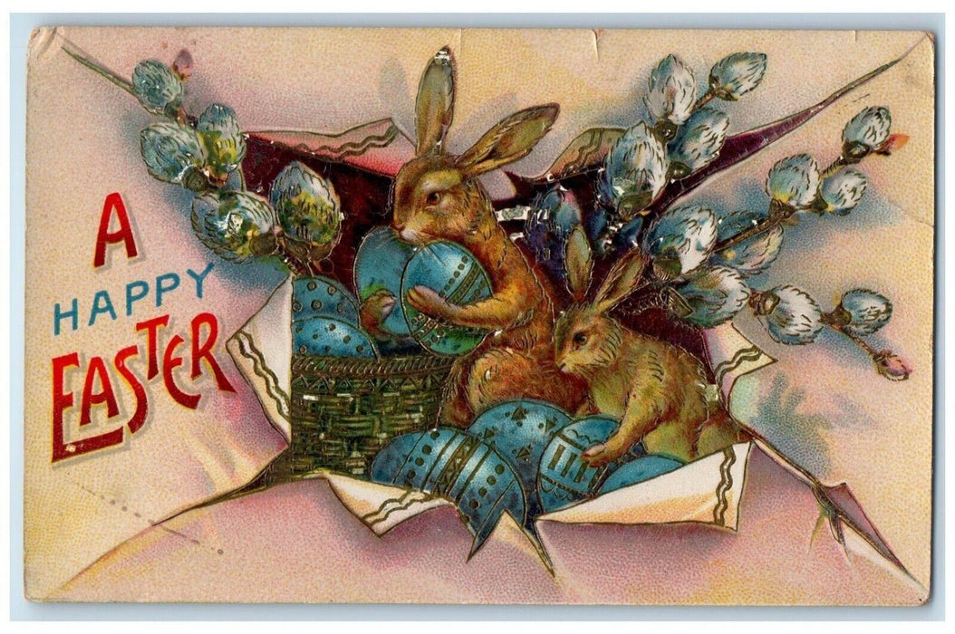c1910's Easter Greetings Bunny Rabbits Basket Of Eggs Gel Gold Gilt Postcard