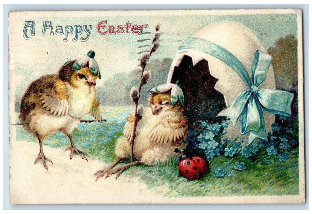 1915 Easter Anthropomorphic Chicks Hatched Egg Ladybug Pansies Flowers Postcard
