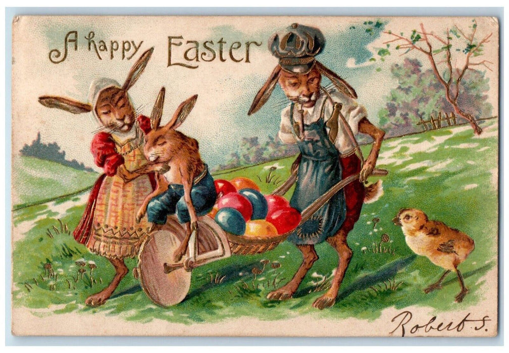 1907 Easter Anthropomorphic Rabbit Pushing Cart Eggs Chick Embossed Postcard