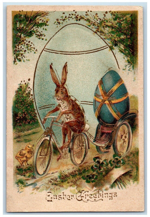 c1910's Easter Greetings Anthropomorphic Bicycle Rabbit Embossed Posted Postcard