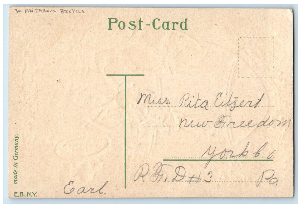 c1910's Easter Greetings Anthropomorphic Bicycle Rabbit Embossed Posted Postcard